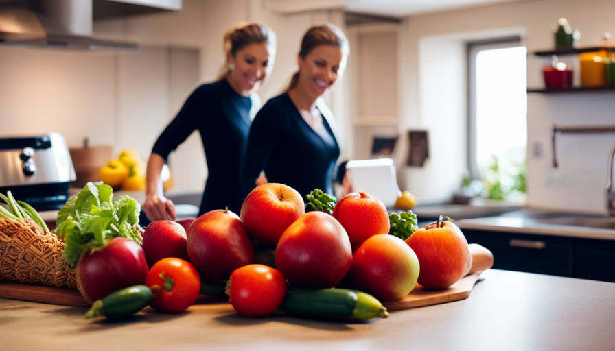 An image that showcases a vibrant, sunlit kitchen filled with an array of fresh, colorful fruits and vegetables