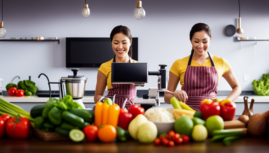 An image of a vibrant kitchen with ripe fruits, fresh vegetables, and a camera set up on a tripod