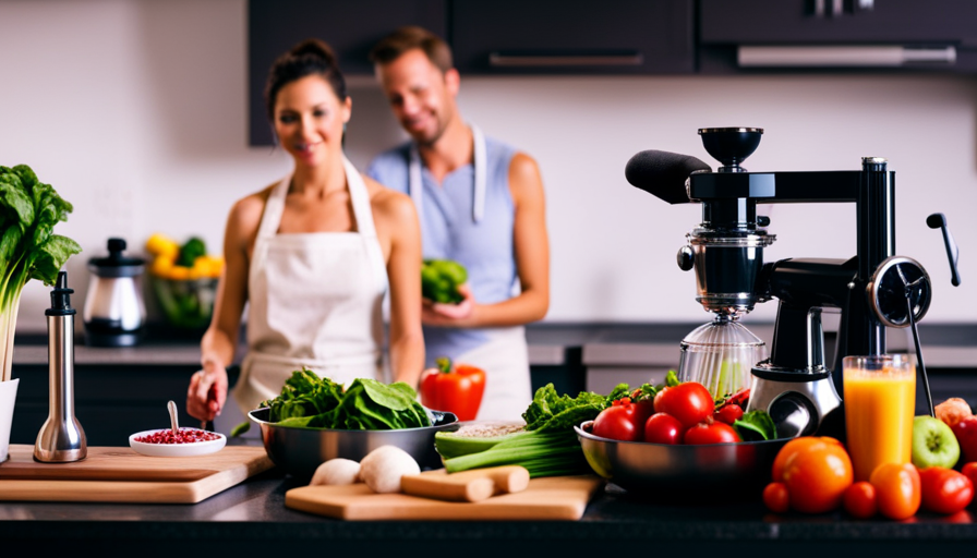 An image of a vibrant kitchen with ripe fruits, fresh vegetables, and a camera set up on a tripod