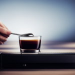 An image showcasing a close-up of a Nespresso machine being carefully descaled, with white vinegar solution gently pouring into the water reservoir, ensuring optimal coffee taste