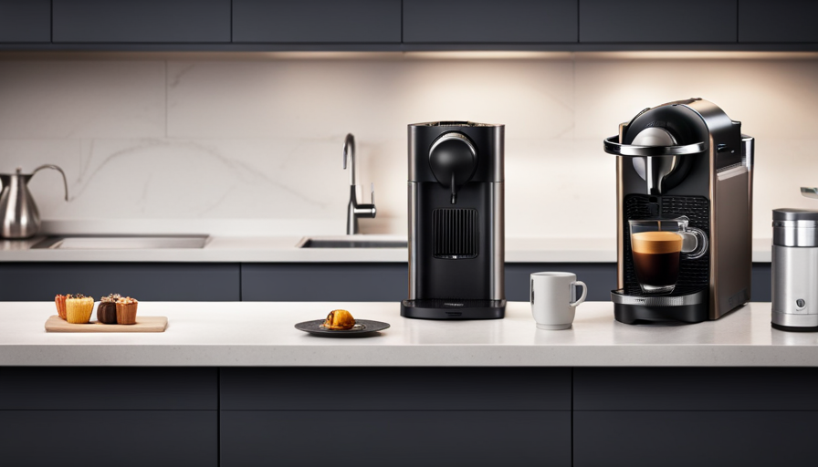 An image capturing a sleek, modern kitchen countertop adorned with two contrasting pod coffee machines: the Nespresso machine boasting a sophisticated design, aligned next to a vibrant Keurig machine, emphasizing the visual contrast between the two