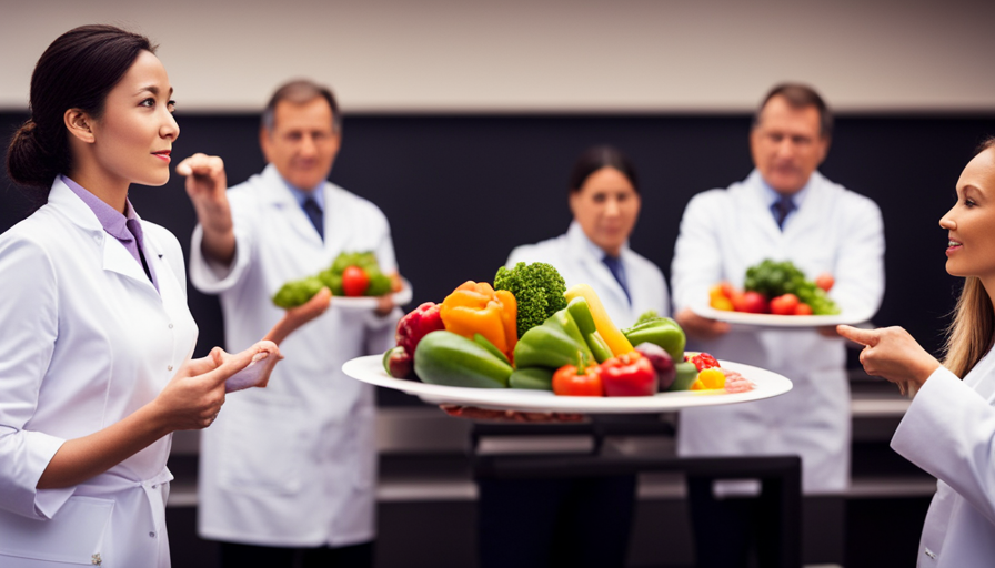 An image showing a diverse group of nutritionists, dressed in white lab coats, engaged in a lively discussion