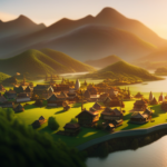 An image showcasing a diverse landscape with a bustling port, lush farmlands, and towering mountains