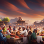 An image showcasing a bustling marketplace scene, brimming with vibrant stalls filled with colorful fruits, spices, and grains from various continents