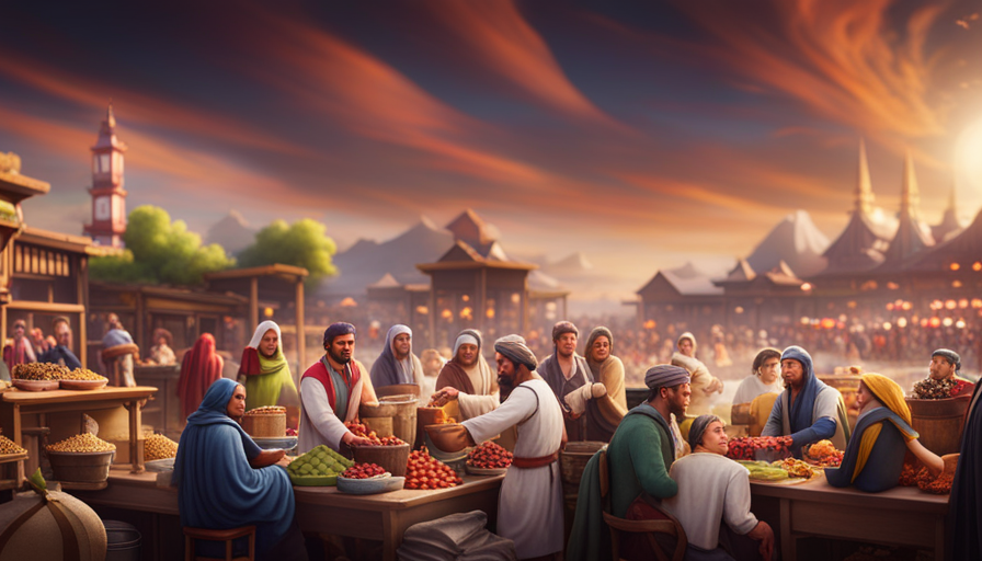 An image showcasing a bustling marketplace scene, brimming with vibrant stalls filled with colorful fruits, spices, and grains from various continents