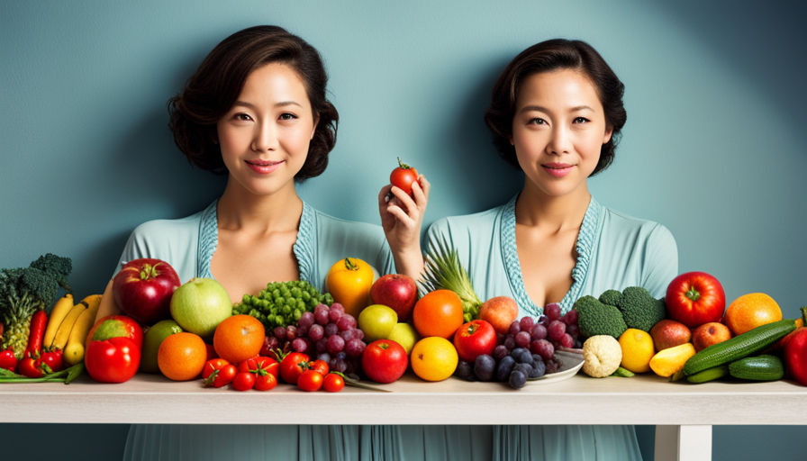 An image showcasing a glowing, expectant mother surrounded by an array of vibrant, nutrient-rich fruits and vegetables, illustrating the beauty and nourishment of a vegan raw food diet during pregnancy
