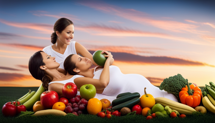 An image showcasing a glowing, expectant mother surrounded by an array of vibrant, nutrient-rich fruits and vegetables, illustrating the beauty and nourishment of a vegan raw food diet during pregnancy