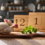 An image depicting a rustic kitchen with a wooden cutting board showcasing a plump, fresh raw chicken surrounded by vibrant Oregon-grown produce