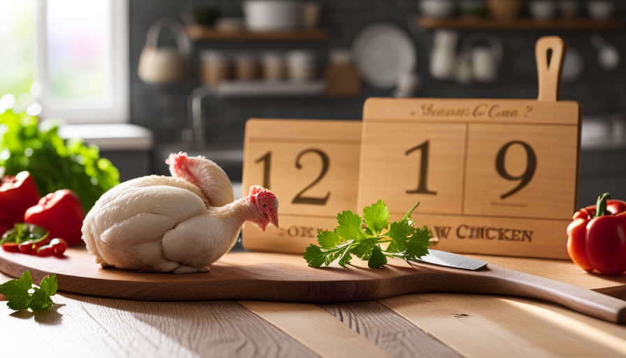 An image depicting a rustic kitchen with a wooden cutting board showcasing a plump, fresh raw chicken surrounded by vibrant Oregon-grown produce