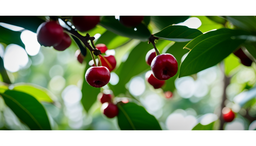 An image showcasing a serene, sun-kissed coffee farm nestled amidst lush greenery, where vibrant red coffee cherries dangle from the branches, evoking an organic, clean, and mouthwatering coffee experience