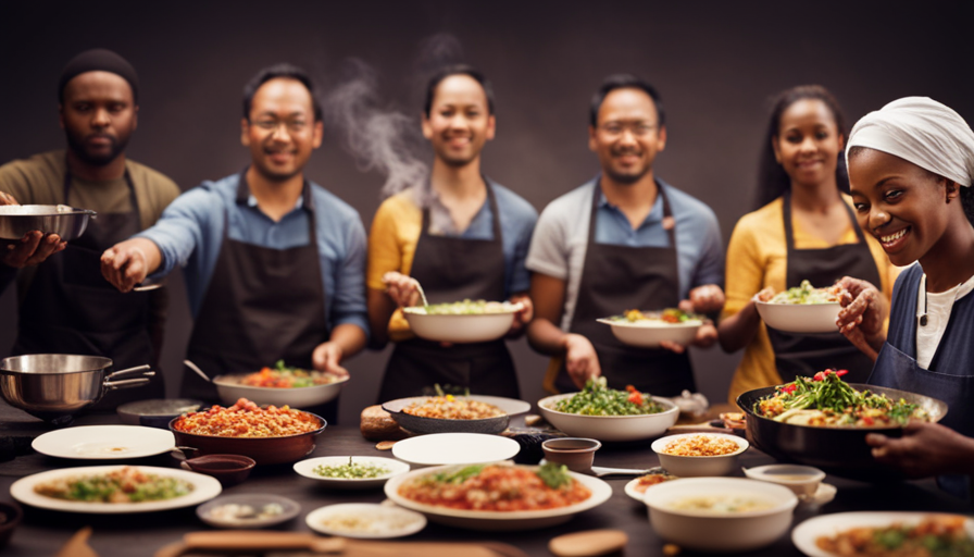 An image showcasing a diverse group of individuals, each holding plates filled with steaming, cooked meals