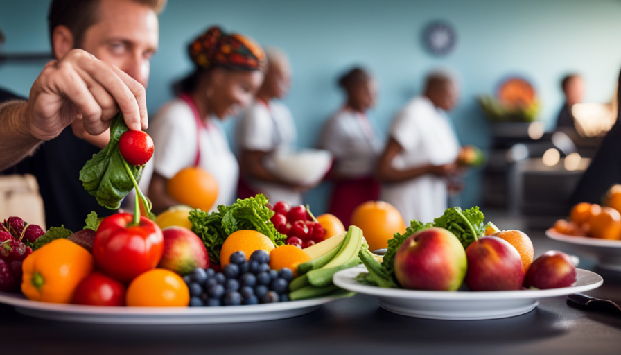 An image showcasing a vibrant scene of people joyfully devouring an array of vibrant, uncooked fruits, vegetables, and greens