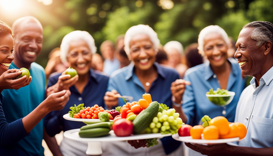 An image showcasing a vibrant scene of people joyfully devouring an array of vibrant, uncooked fruits, vegetables, and greens