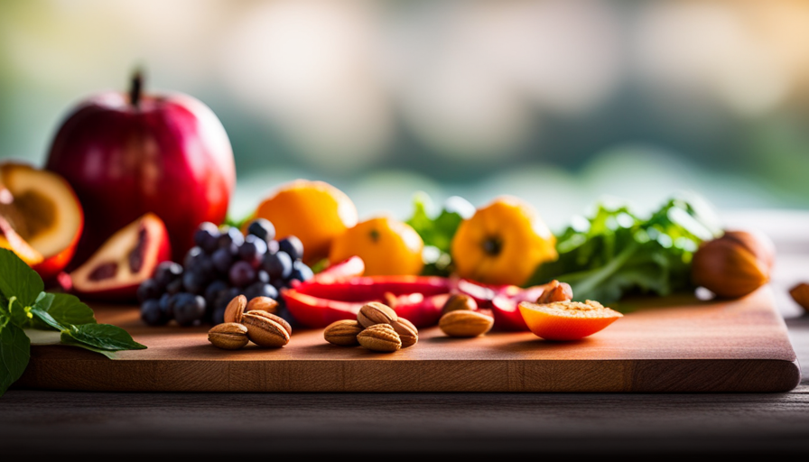 An image showcasing vibrant, colorful fruits and vegetables artfully arranged on a wooden cutting board, surrounded by raw ingredients like nuts, seeds, and leafy greens