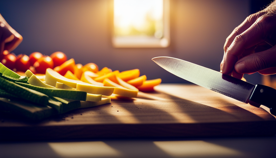 An image showcasing skilled hands gently slicing vibrant fruits and vegetables, cascading a rainbow of colors onto a wooden cutting board