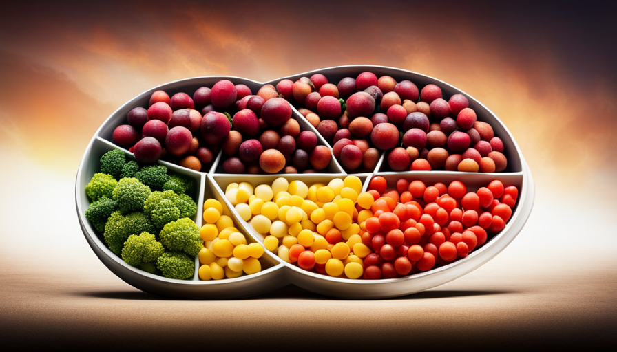 An image showcasing a colorful plate divided into sections, each containing a generous serving of vibrant fruits, vegetables, whole grains, and lean proteins, illustrating the ideal daily servings of Perfect Food Raw