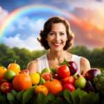 An image showcasing a person with radiant health and boundless energy, joyfully devouring a vibrant plate of raw fruits, vegetables, and nuts amidst a lush garden backdrop, surrounded by vibrant colors and a vibrant rainbow of produce