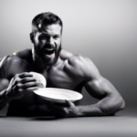 An image of Peter Ragnar, a muscular figure, joyfully devouring a vibrant plate of raw fruits and vegetables