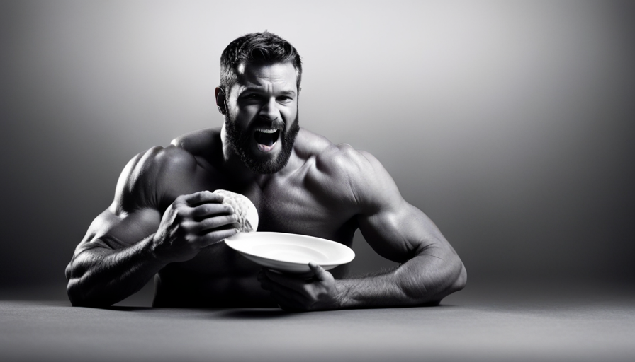 An image of Peter Ragnar, a muscular figure, joyfully devouring a vibrant plate of raw fruits and vegetables