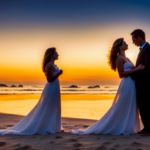 An image capturing the tender moment when a beautiful sunset casts a warm, golden glow on a secluded beach, where two figures, a woman and a man, share a captivating embrace, setting the stage for an enchanting love story