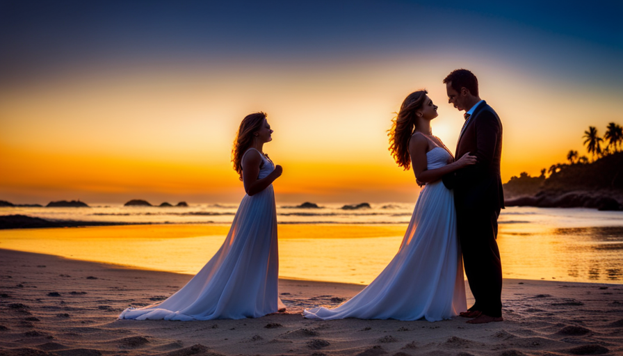 An image capturing the tender moment when a beautiful sunset casts a warm, golden glow on a secluded beach, where two figures, a woman and a man, share a captivating embrace, setting the stage for an enchanting love story