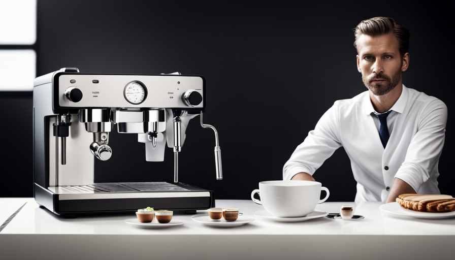 An image capturing the Profitec Pro 600 espresso machine in action, showcasing its sleek stainless steel body, precision temperature control, and classic Italian portafilter, symbolizing the seamless fusion of German engineering and Italian tradition