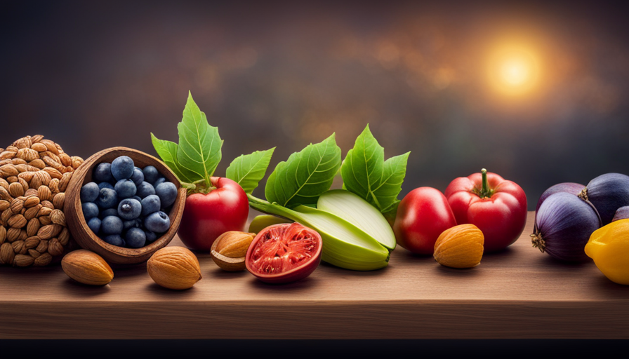 An image showcasing a vibrant array of fresh fruits, vegetables, and nuts arranged artfully on a wooden cutting board