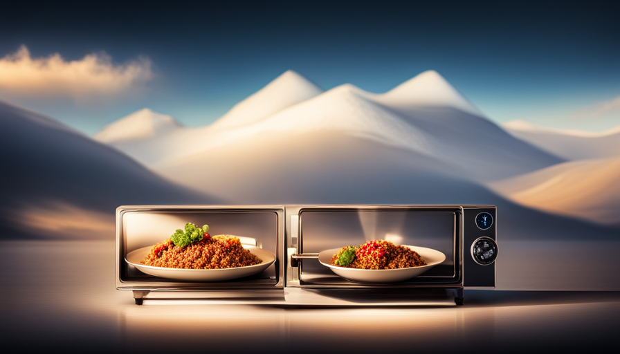 An image showcasing a microwave with a digital display timer set to 165°F, with a plate of raw animal food inside