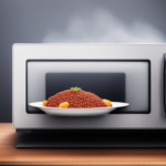 An image showcasing a microwave with a digital display set to 165°F, while a plate of raw animal food rotates inside