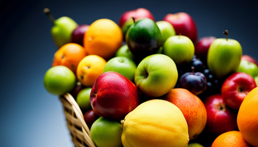 An image showcasing a vibrant, fresh fruit basket filled with an assortment of colorful, ripe fruits