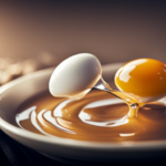 An image showcasing a close-up of a cracked raw egg being poured into a bowl of mixed ingredients, emphasizing its runny texture