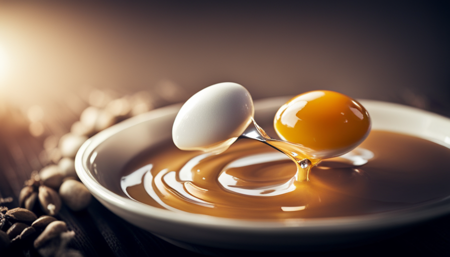 An image showcasing a close-up of a cracked raw egg being poured into a bowl of mixed ingredients, emphasizing its runny texture
