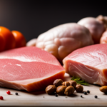 An image showcasing a diverse array of fresh, raw ingredients such as whole chickens, fish, organ meats, fruits, and vegetables, all meticulously weighed and portioned, representing the importance of precise measurements in raw feeding