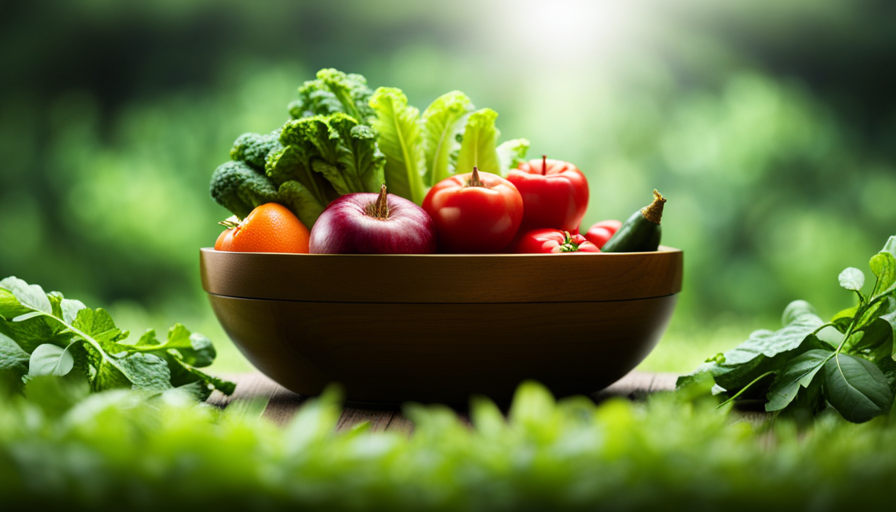 An image showcasing vibrant, organic fruits and vegetables, artfully arranged in a bowl, surrounded by a protective shield made of leafy greens, symbolizing the natural defense against radiation