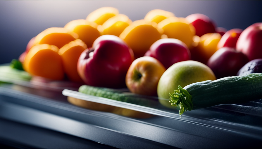 An image showcasing a vibrant assortment of colorful fruits and vegetables arranged neatly on a dehydrator tray, with wisps of steam rising from the machine, highlighting the benefits and versatility of raw food dehydration