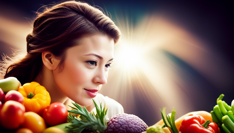 An image depicting a vibrant, energized person surrounded by colorful fruits and vegetables, radiating health and vitality