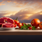 An image that showcases a variety of fresh, vibrant fruits, vegetables, and raw meat, carefully arranged on a pet's plate