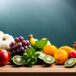 An image showcasing a vibrant assortment of fresh, nutrient-rich fruits, vegetables, and herbs meticulously arranged on a wooden cutting board