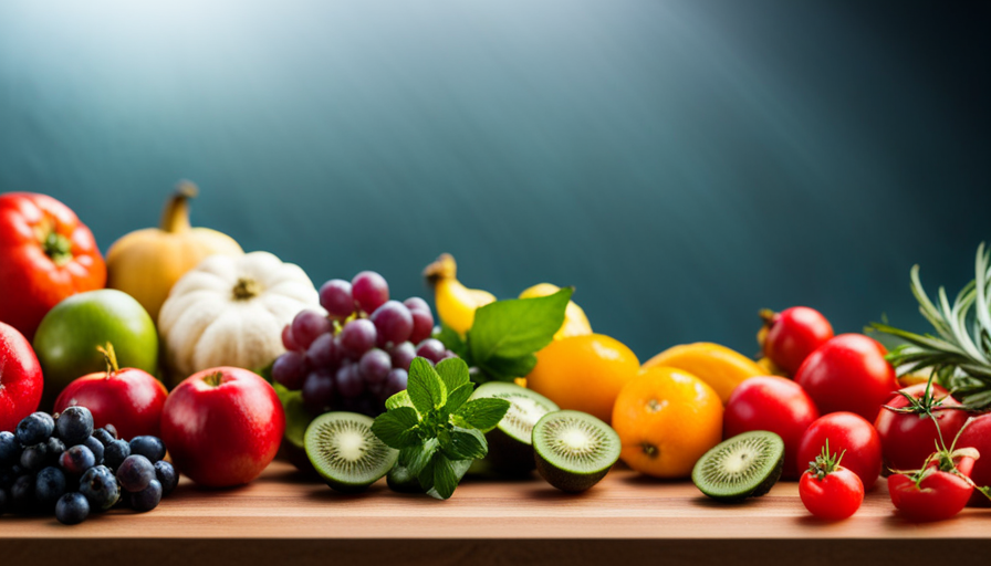 An image showcasing a vibrant assortment of fresh, nutrient-rich fruits, vegetables, and herbs meticulously arranged on a wooden cutting board