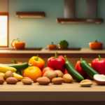 An image showcasing a vibrant kitchen counter with an assortment of fresh, colorful fruits, vegetables, and nuts neatly arranged