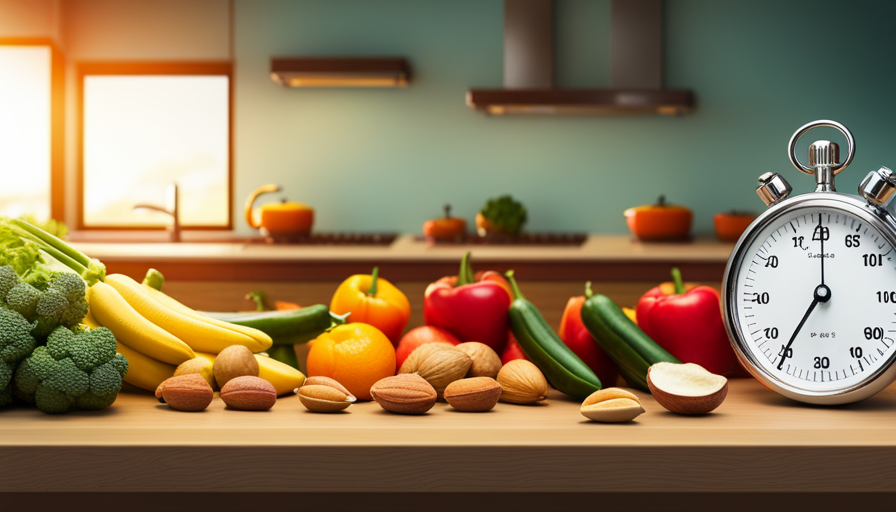 An image showcasing a vibrant kitchen counter with an assortment of fresh, colorful fruits, vegetables, and nuts neatly arranged