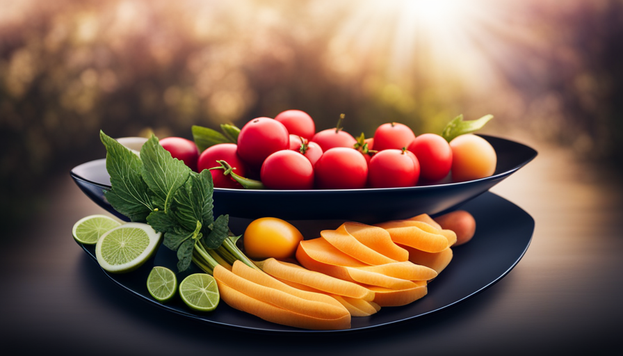 An image showcasing a vibrant plate filled with an assortment of fresh, colorful fruits, vegetables, and leafy greens