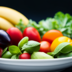 An image showcasing a vibrant plate filled with an assortment of fresh, colorful fruits, vegetables, and leafy greens