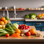 An image showcasing a vibrant kitchen counter filled with an array of fresh, colorful fruits, vegetables, and nuts