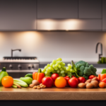 An image showcasing a vibrant kitchen counter filled with an array of fresh, colorful fruits, vegetables, and nuts