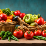 An image showcasing a vibrant assortment of fresh produce, neatly arranged in a basket, alongside a blood glucose monitor and a measuring tape