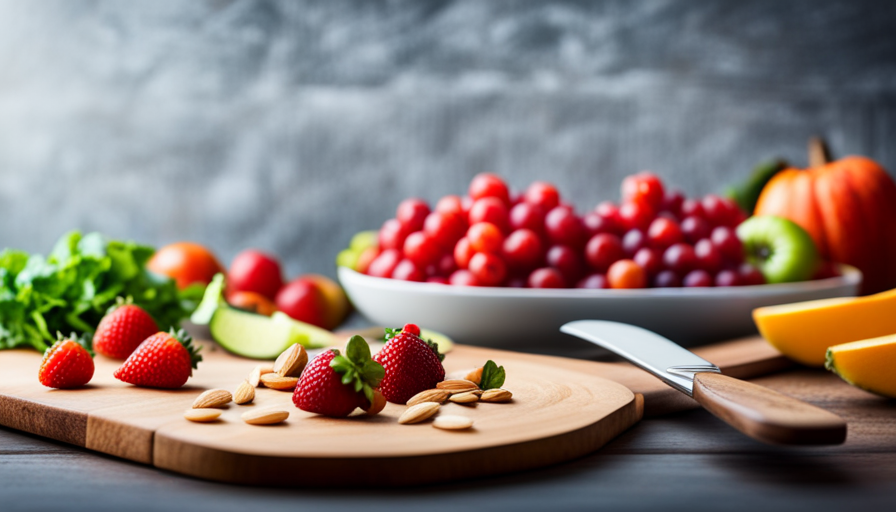 An image showcasing an assortment of vibrant fruits and vegetables, elegantly arranged on a wooden cutting board alongside a colorful smoothie bowl topped with fresh berries and sliced almonds