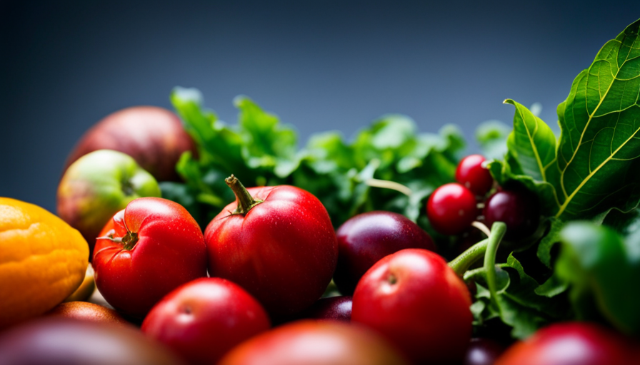 An image showcasing a vibrant assortment of fresh fruits, vegetables, and leafy greens