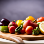 An image showcasing a vibrant assortment of whole fruits and vegetables, artfully arranged on a wooden cutting board