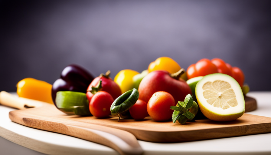 An image showcasing a vibrant assortment of whole fruits and vegetables, artfully arranged on a wooden cutting board